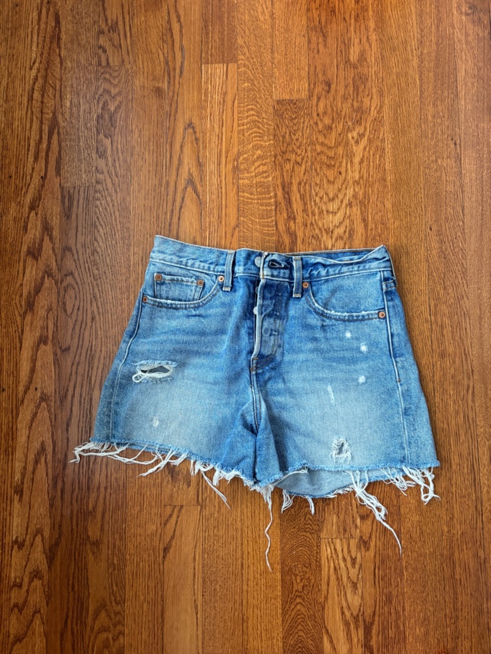 Levi's Light Blue Distressed High-Rise Denim Shorts